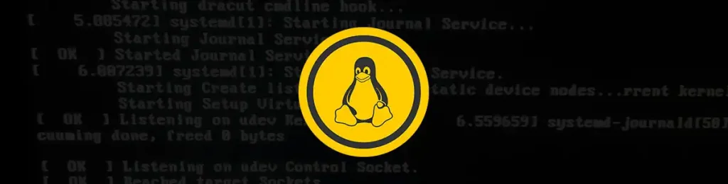 imagen con fondo de texto de consola linux, en la mitad el pingüino de Linux.