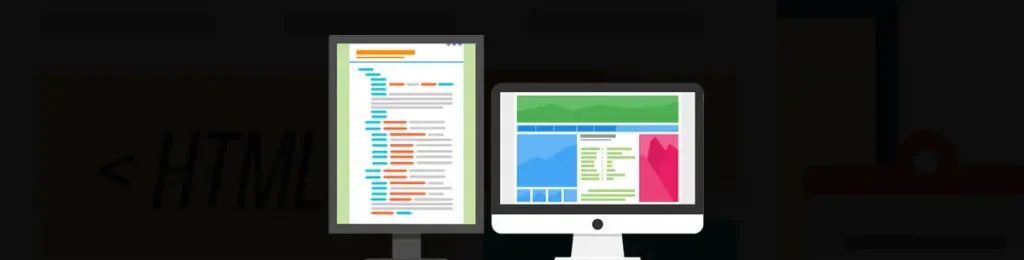 Imagen con un fondo que tiene las letras "HTML" y tiene dos monitores, uno con código y otro con un layout