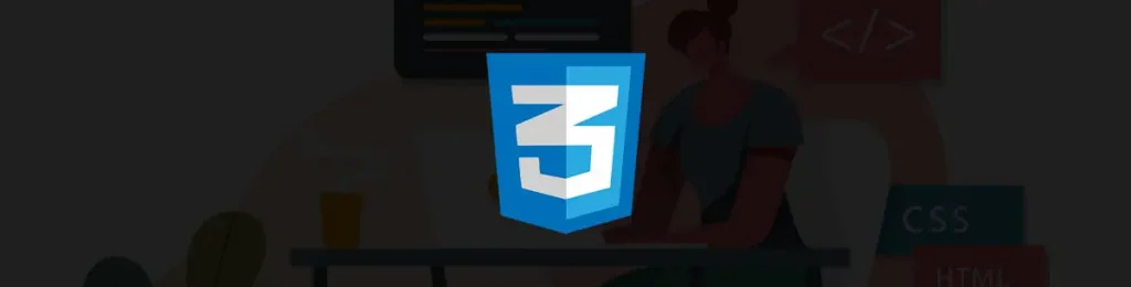 Imagen con el logo oficial de CSS en color azul. En el fondo oscuro una ilustración de una mujer trabajando en un computador.