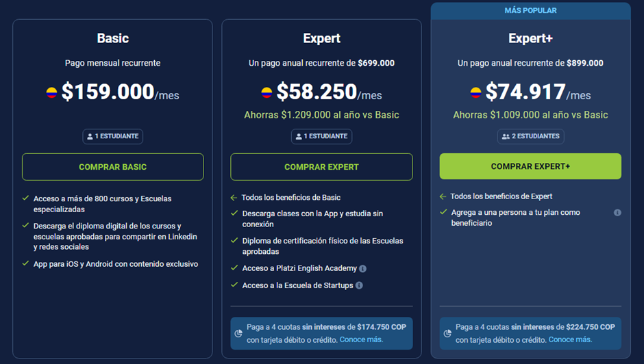 Imagen que muestra tres tablas de tres planes con diferentes precios, se resalta la opción recomendada.