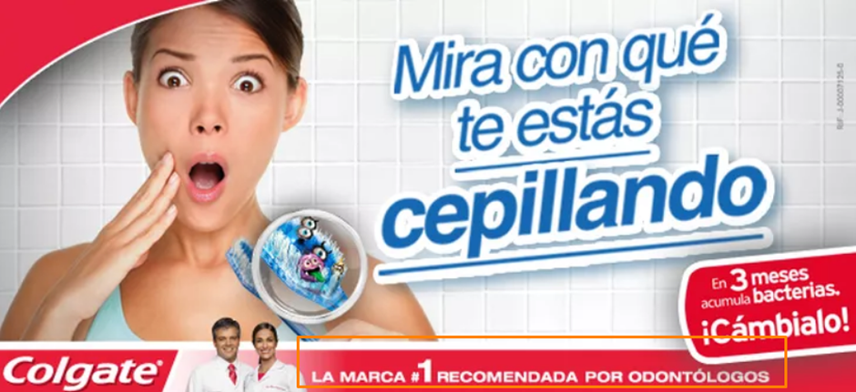 Imagen de publicidad de la crema dental de colgate con la frase: Mira con qué te estás cepillando.