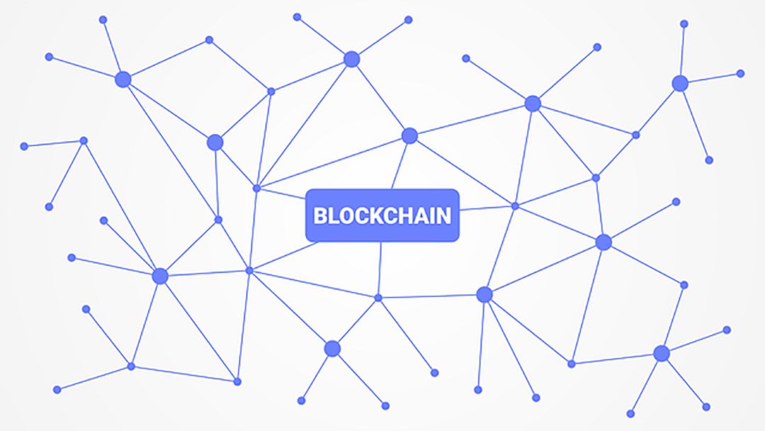 Imagen que contiene la palabra blockchain y está conectada con una red de nodos. 