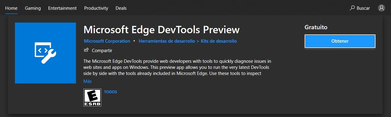 Configurar entorno de desarrollo Windows: En la imagen, el buscador de la tienda de aplicaciones de Microsoft.