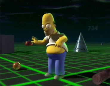 Gif animado de Homero Simpson tocándose el estómago en un ambiente virtual tridimensional.